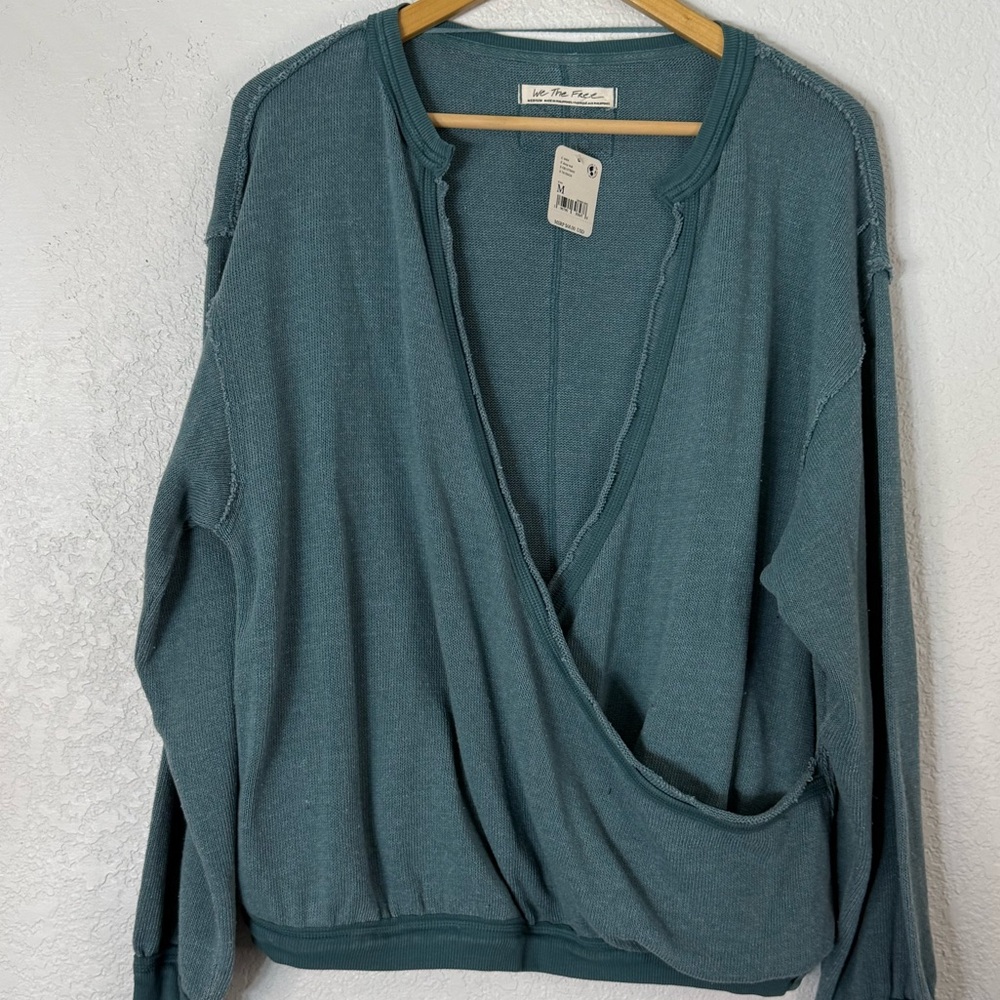 NWT Free People Anyway Top in Deep Teal Faux Wrap Boho Office Casual Relaxed - Picture 2 of 7